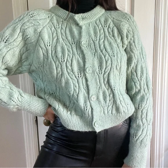 Button Mint Cardigan Zara Cropped Blue/ Sage Green Cable Knit Zara